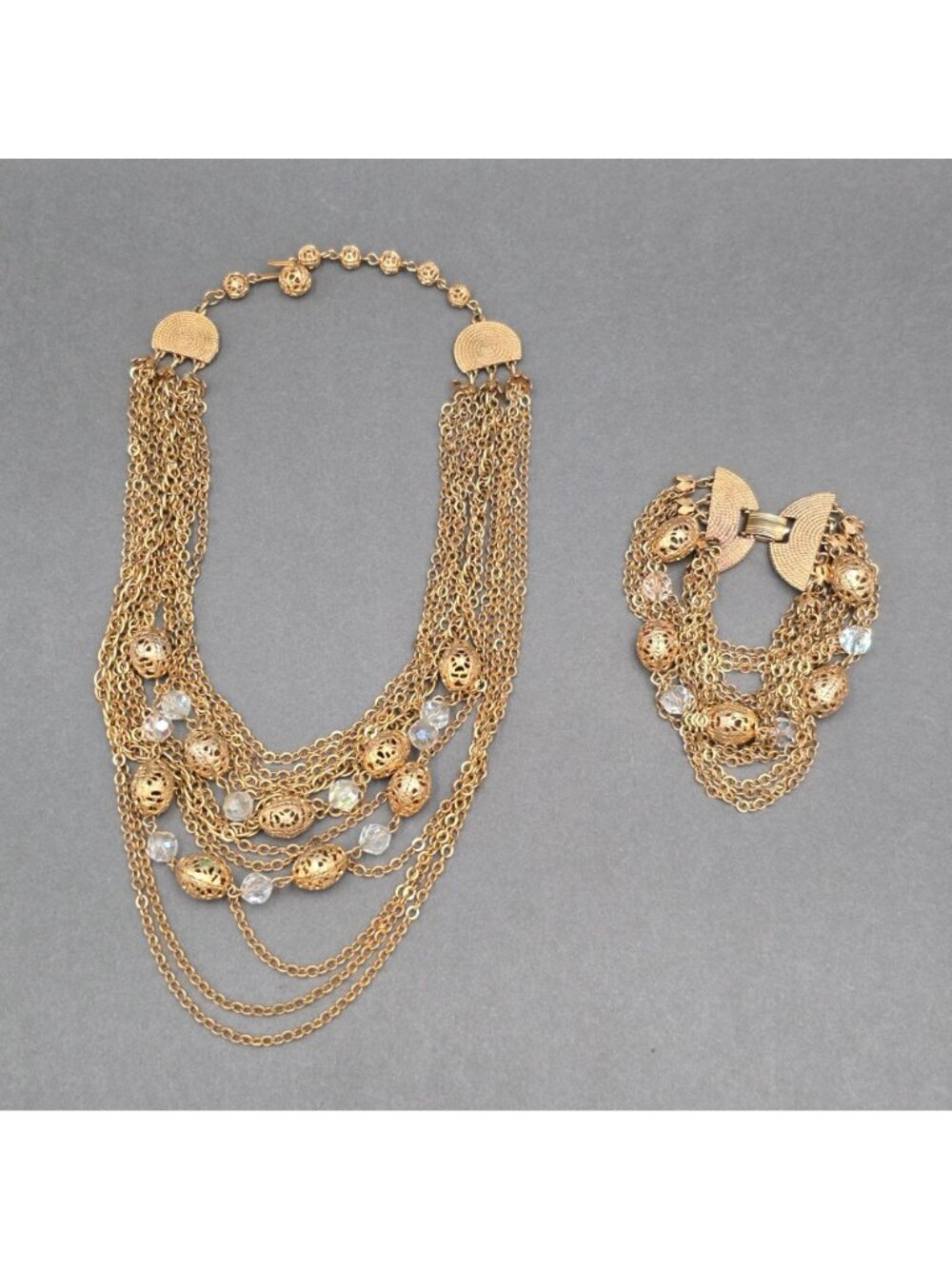 Vintage Gold Tone AB Crystal Multichain Necklace Bracelet Set Demi Parure - Picture 11 of 16